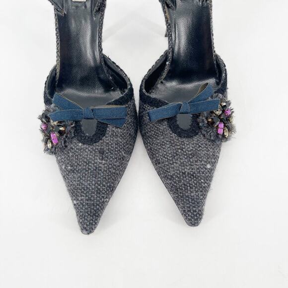 Vintage Prada Gray Tweed Crystal Bow Detail Slingback Pointed Toe Heels IT 38.5 - Picture 6 of 11